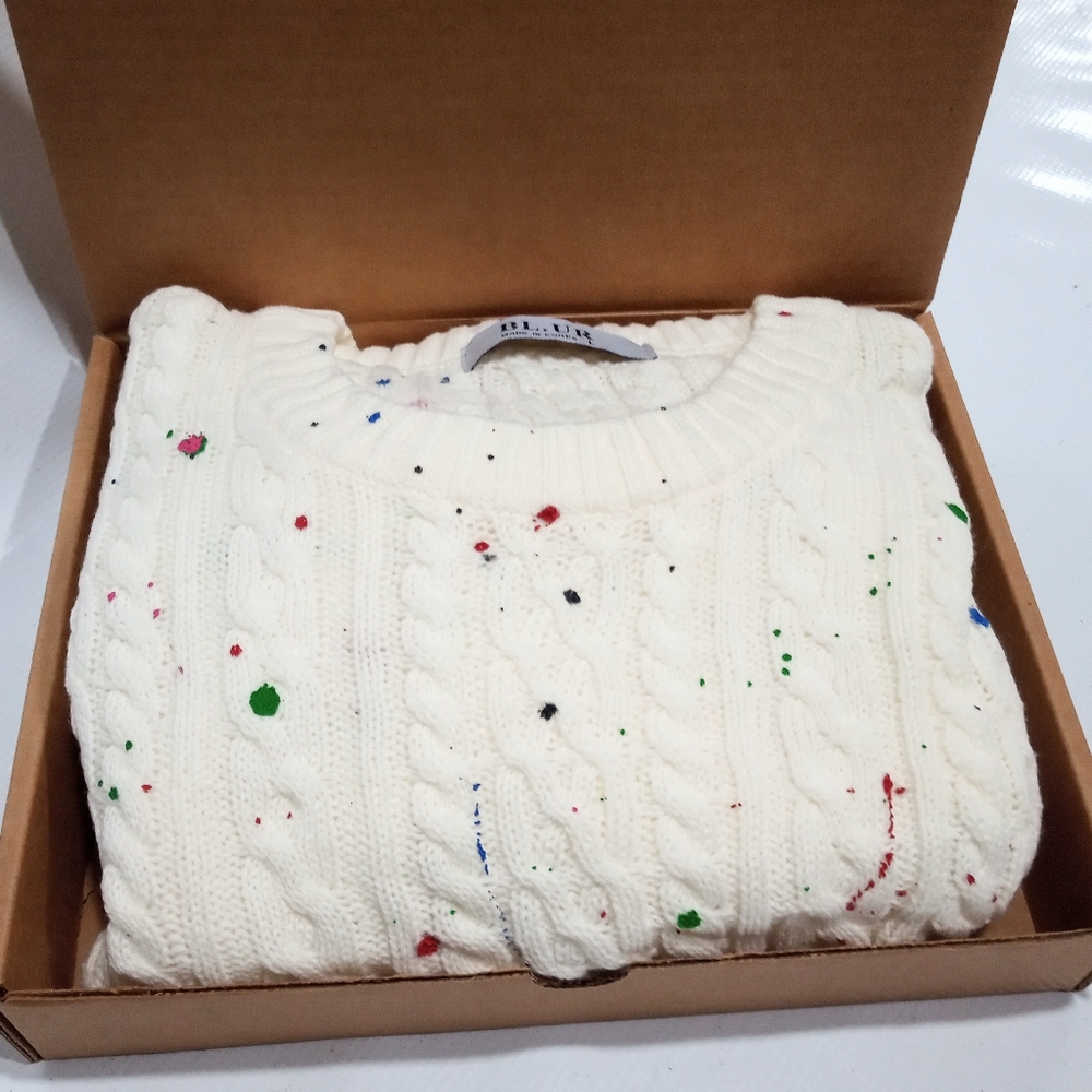 Brand New BL.UR Men's Crewneck Long Sleeve  Knit Sweaters in White with Speckles